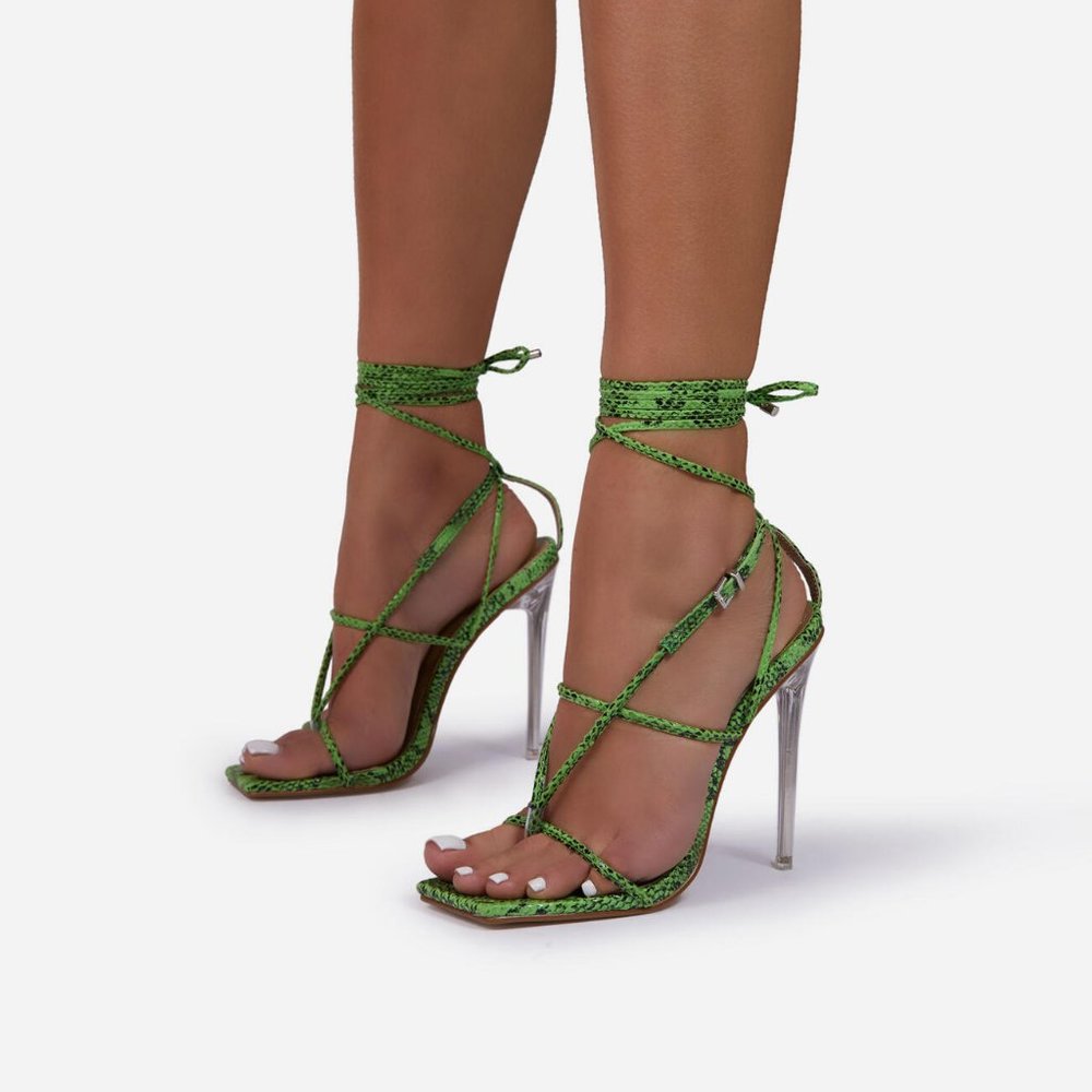 Square Toe Lace Up Heel In Green Snake print